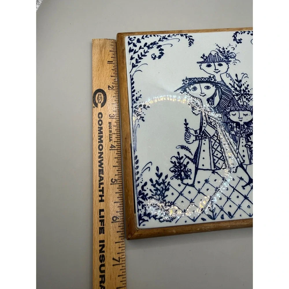 Vintage Bjorn Wiinblad Ceramic Trivet Blue White Danish Modern Wood Frame 6x6